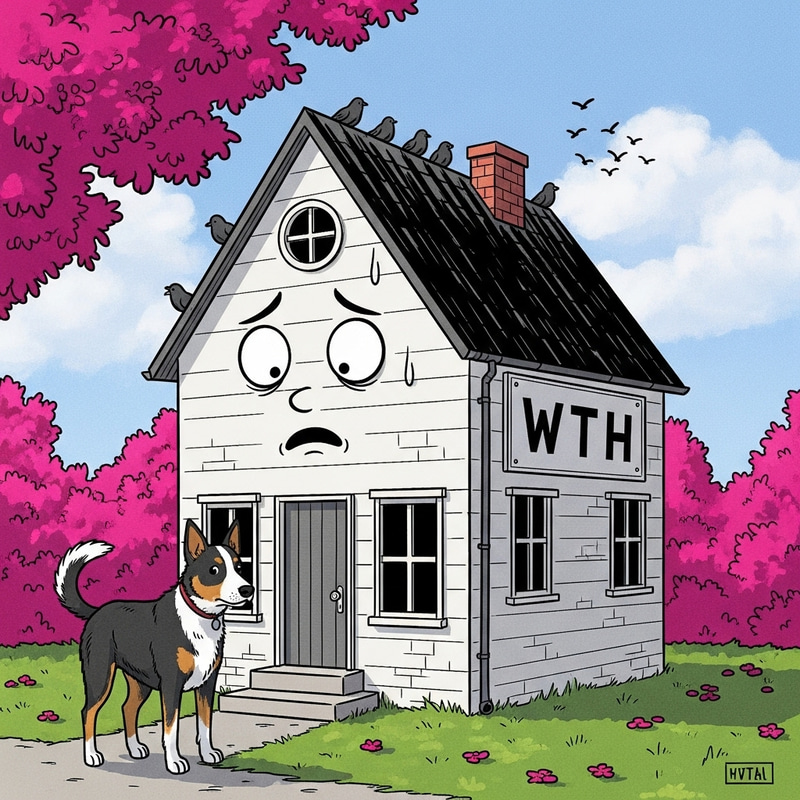 Charming Black & White Bungalow with Worried Cattle Dog | W T H Sign Charming Black & White Bungalow with Worried Cattle Dog | W T H Sign