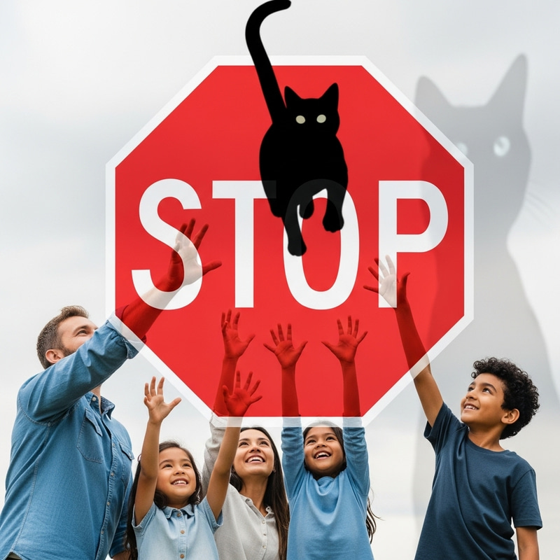Mystery Cat Silhouette - Family Reaching to Big Red Stop Sign Mystery Cat Silhouette - Family Reaching to Big Red Stop Sign