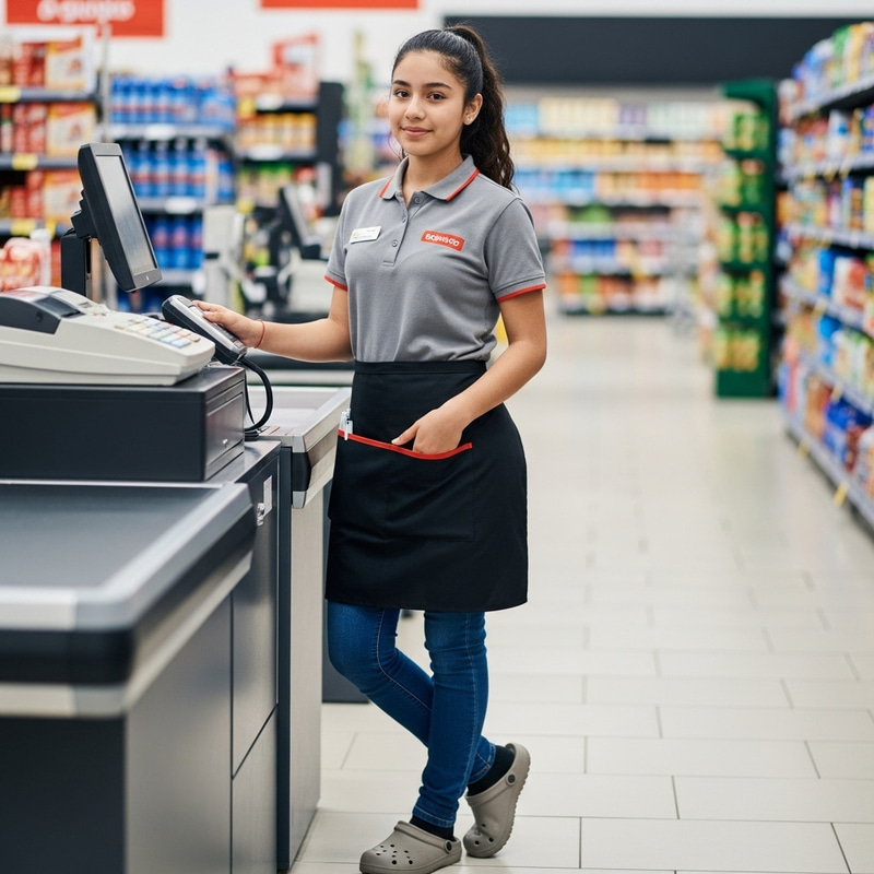 16-Year-Old Cashier in Special Attire Standing Sideways