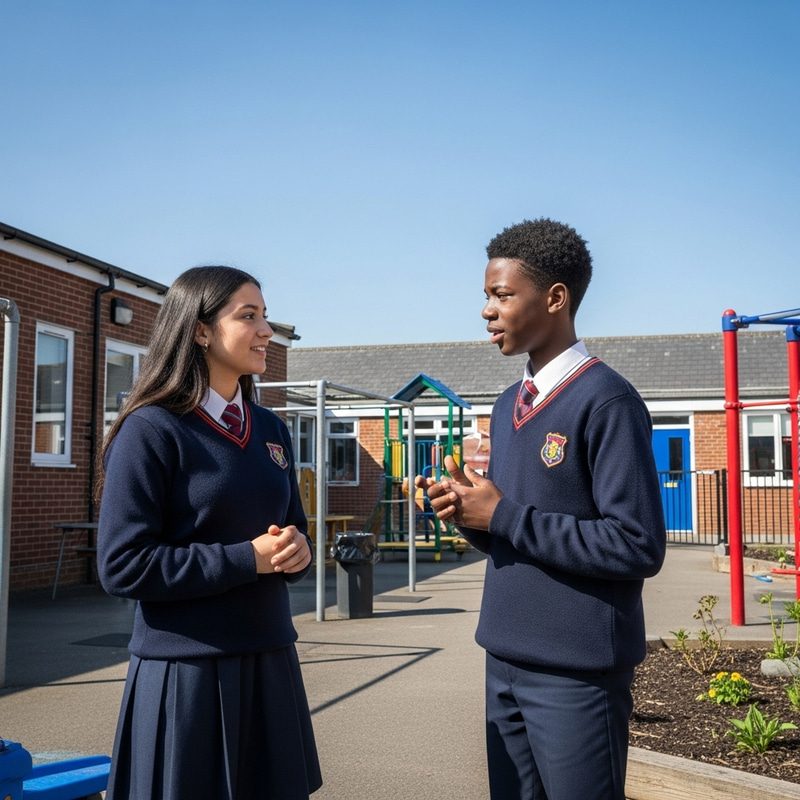 Two Students Chatting in School Courtyard | Educational Setting
