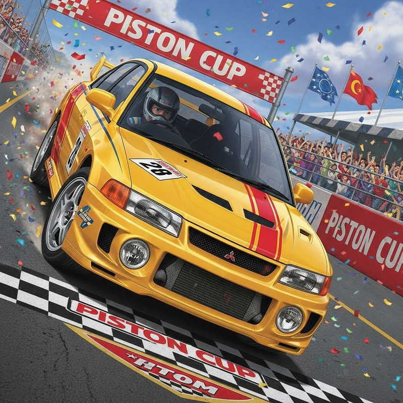 Yellow Mitsubishi Lancer Evo 3 Wins Piston Cup Race Yellow Mitsubishi Lancer Evo 3 Wins Piston Cup Race