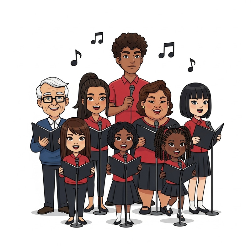 Cute Cartoon Choir in Red & Black Uniform Singing Harmoniously Cute Cartoon Choir in Red & Black Uniform Singing Harmoniously