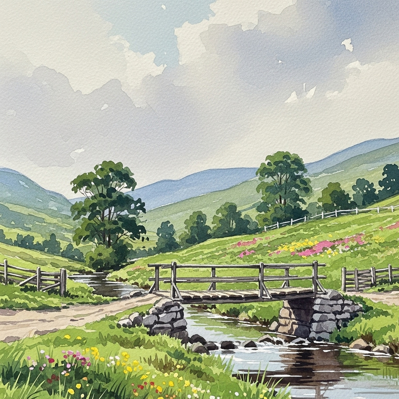 Picturesque Scotland Countryside Watercolor Scene Picturesque Scotland Countryside Watercolor Scene