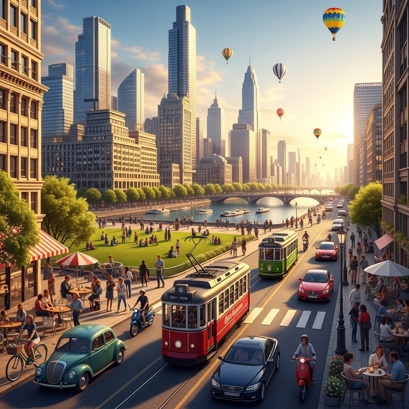 Dynamic Cityscape with Green Parks and Modern Transport Dynamic Cityscape with Green Parks and Modern Transport