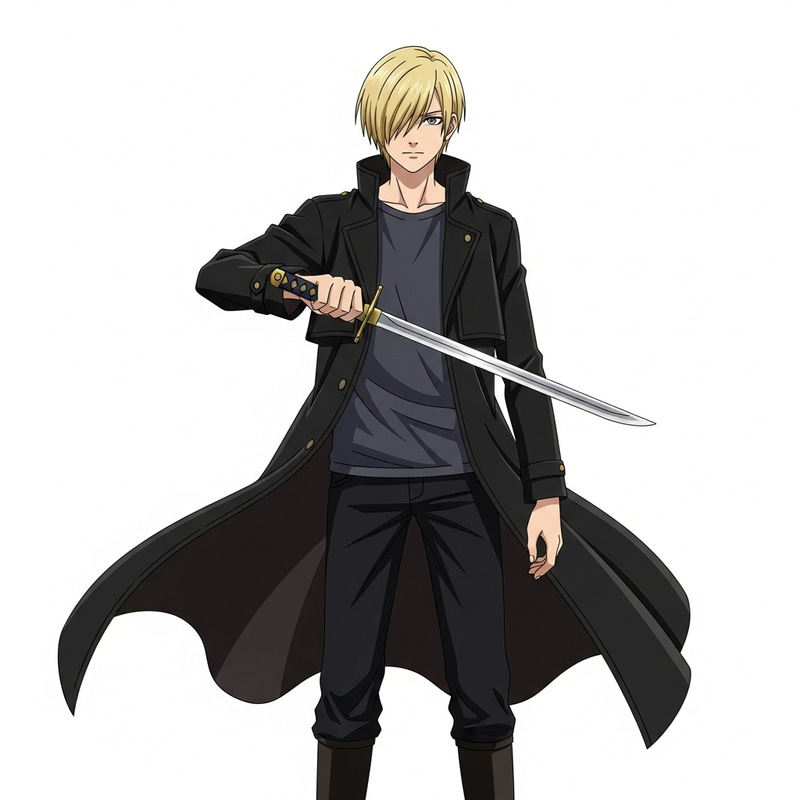 Young Heir of Killer Clan in Black Coat with Blade Young Heir of Killer Clan in Black Coat with Blade