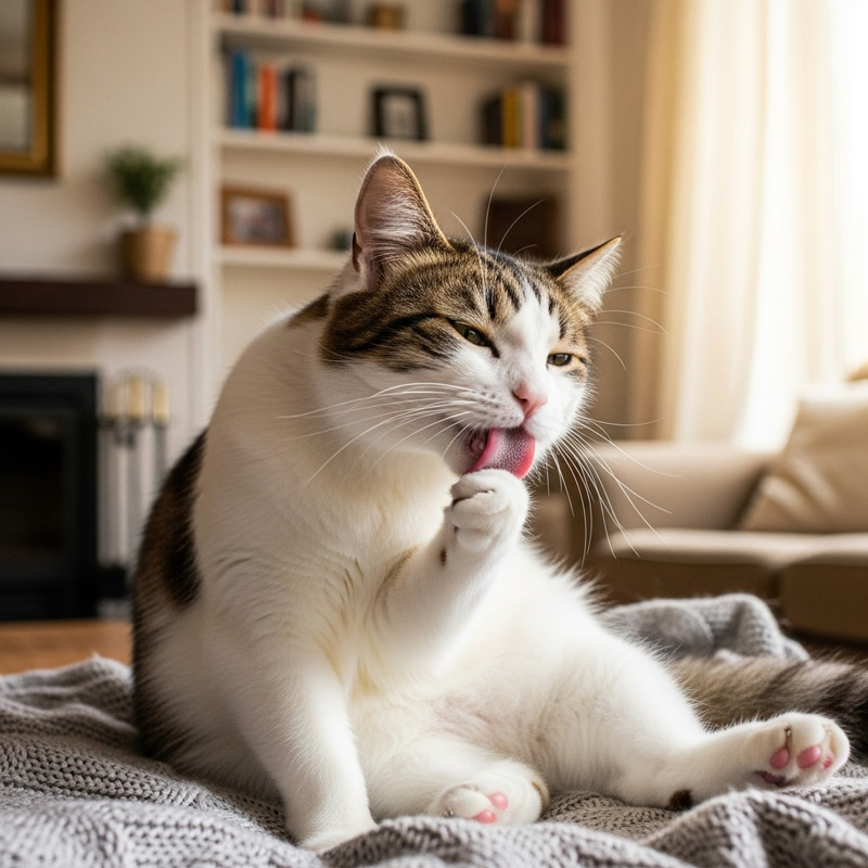 Cute White and Brown Furry Cat Grooming and Licking Paw Cute White and Brown Furry Cat Grooming and Licking Paw