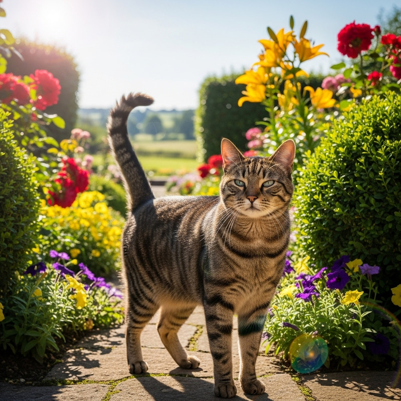 Beautiful Blue-Eyed Tabby Cat in a Garden