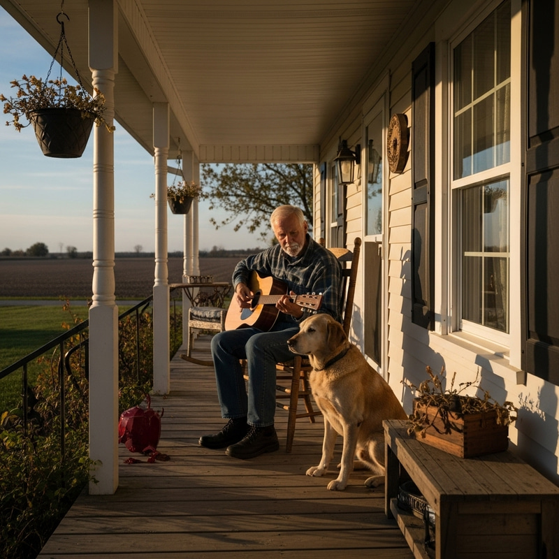 Elderly Man Playing Guitar on Farmhouse Porch with Old Dog Elderly Man Playing Guitar on Farmhouse Porch with Old Dog