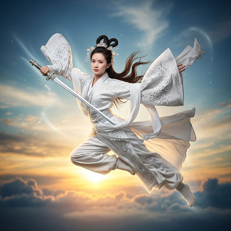 Chinese Female Warrior in White Hanfu with Silver Sword Chinese Female Warrior in White Hanfu with Silver Sword