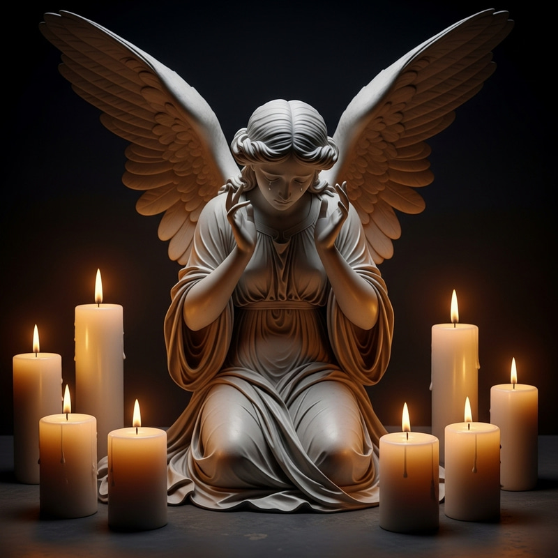 Grieving Angel with Candles | Serene Memorial Scene Grieving Angel with Candles | Serene Memorial Scene