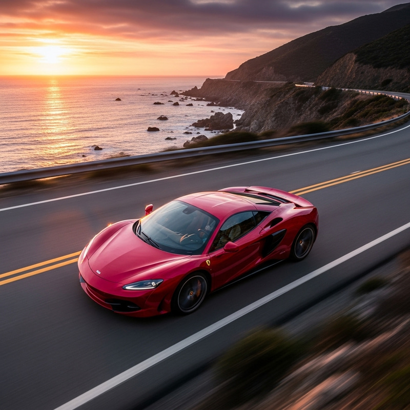 Bright Red Sports Car Racing Along Coastal Highway - High-Speed Photographic Style Bright Red Sports Car Racing Along Coastal Highway - High-Speed Photographic Style