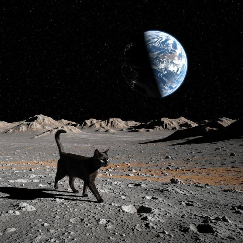 Cat Roaming the Moon | Lunar Landscape View