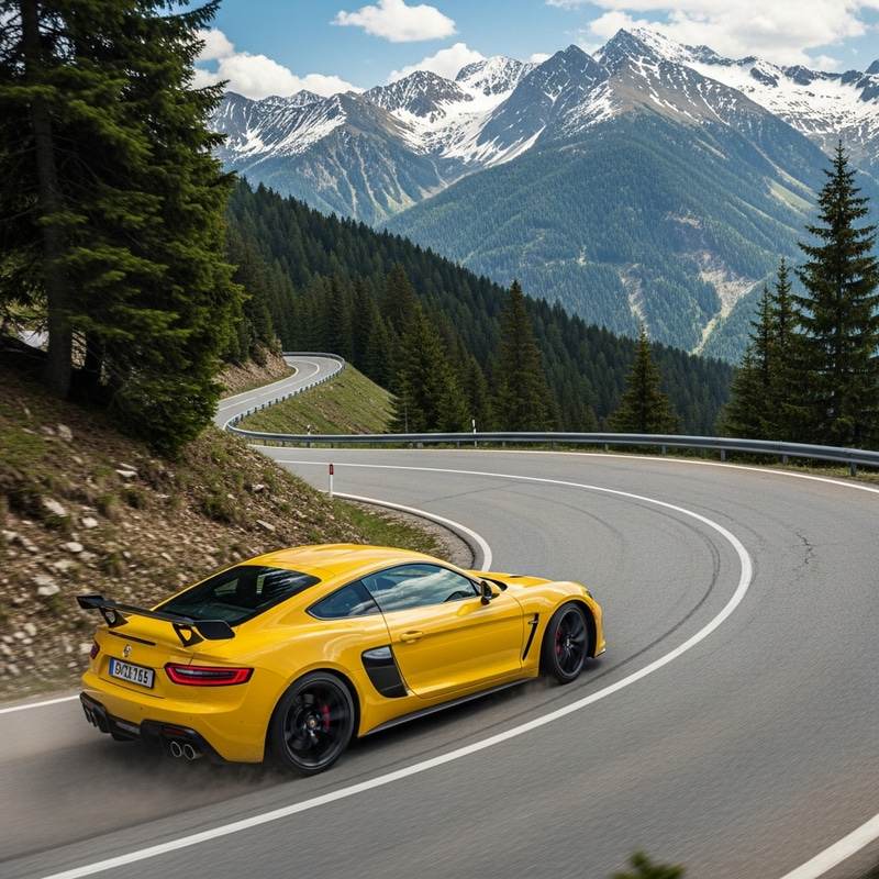 Yellow Sports Car Drives in Mountain Scenery