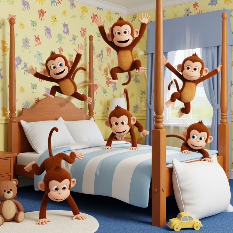 5 Little Monkeys Jumping on the Bed - Fun 3D Illustration