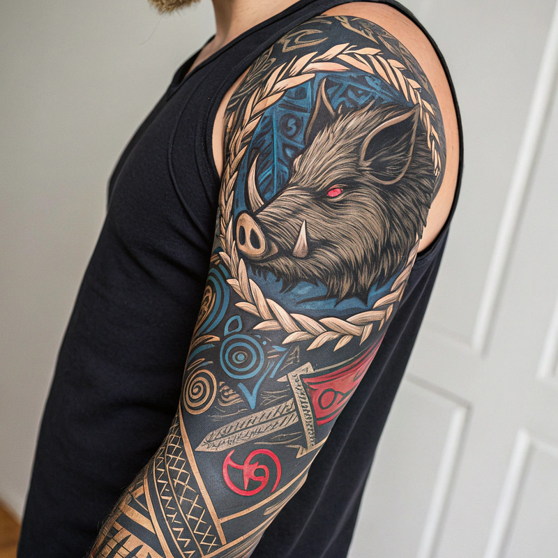Viking Sleeve Tattoo with Wild Boar Art Viking Sleeve Tattoo with Wild Boar Art