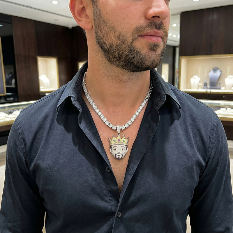 Custom Diamond Prince Emoji Pendant & Tennis Necklace Custom Diamond Prince Emoji Pendant & Tennis Necklace