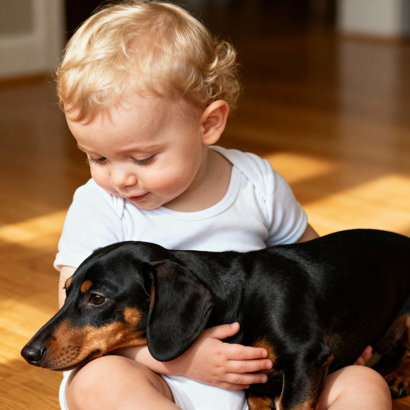 Cute Baby Boy with Black and Tan Dachshund Cute Baby Boy with Black and Tan Dachshund