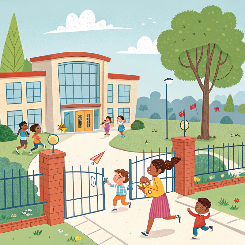 Colorful Cartoon of New School in Construction Colorful Cartoon of New School in Construction