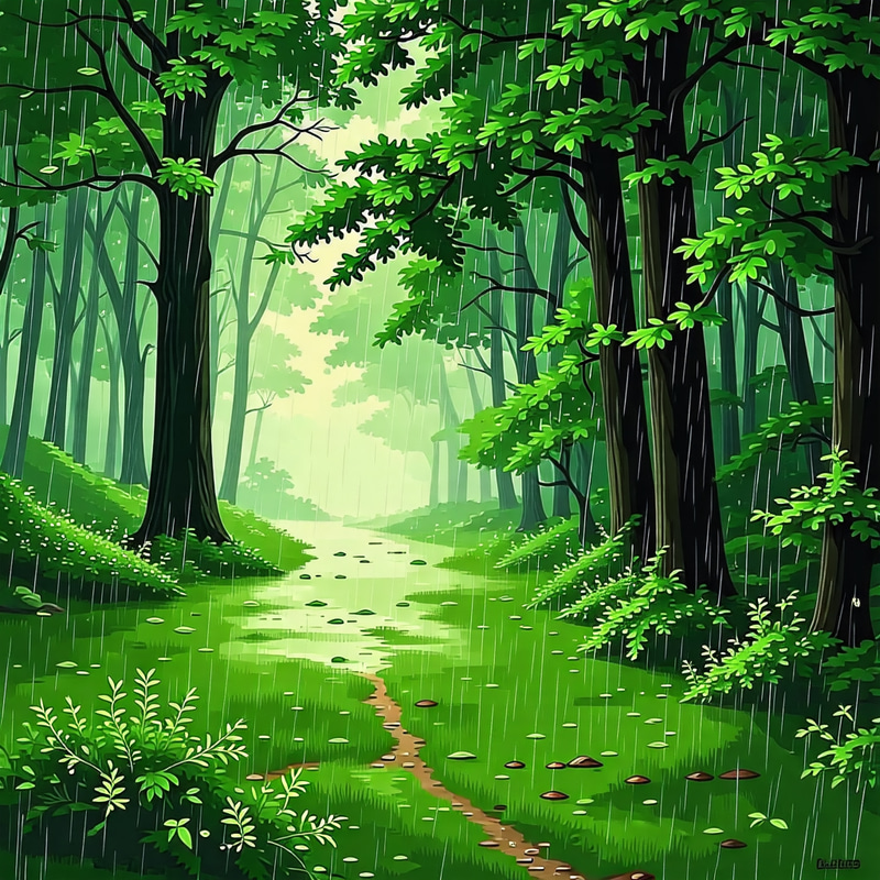 Green Forest Rain: Serene Nature Setting Green Forest Rain: Serene Nature Setting