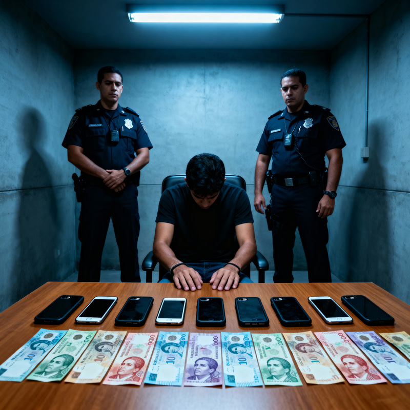 Police Interrogation Room Scene with iPhones and Cash Police Interrogation Room Scene with iPhones and Cash