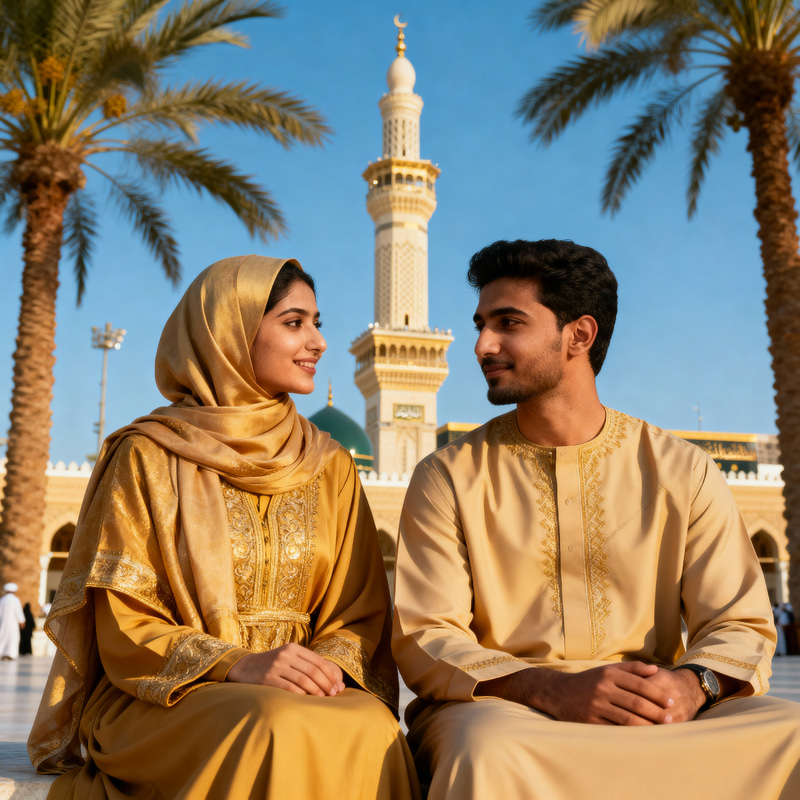 Elegant South Asian Couple in Madinah, Saudi Arabia Elegant South Asian Couple in Madinah, Saudi Arabia