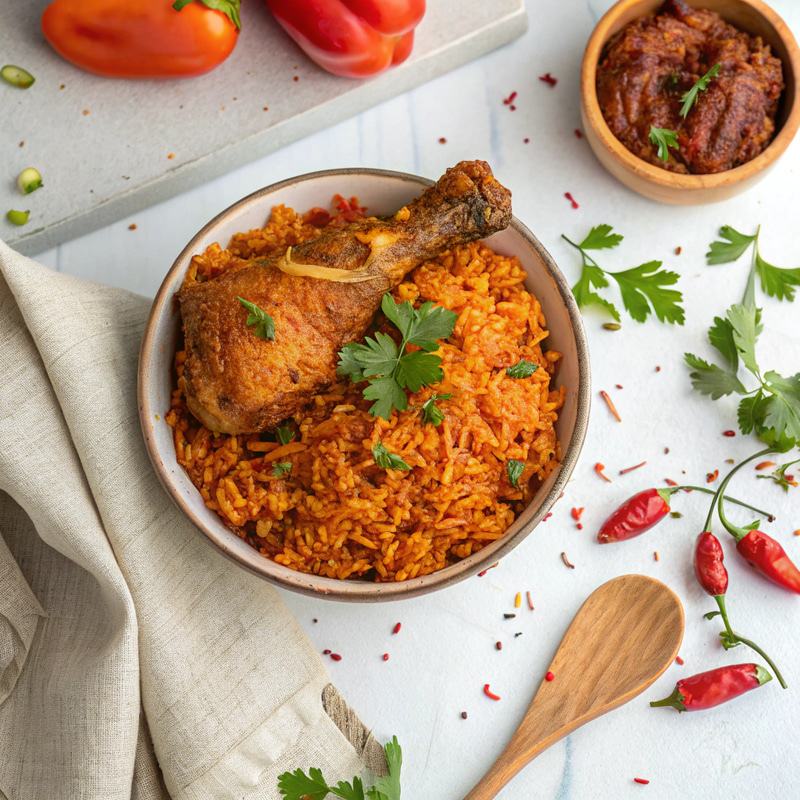 Delicious Jollof Rice with Crispy Fried Chicken Delicious Jollof Rice with Crispy Fried Chicken