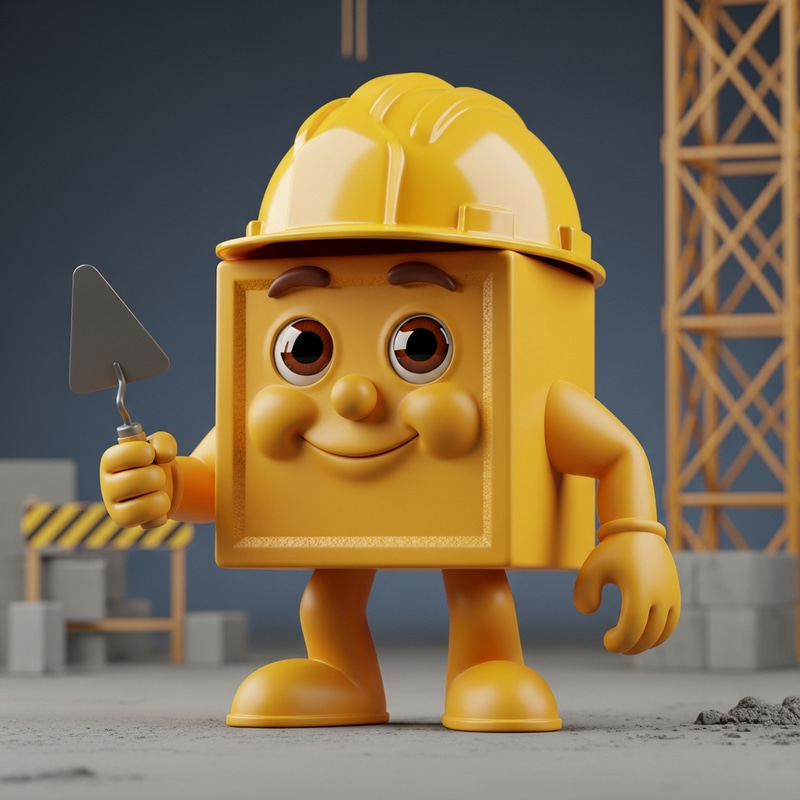 Concrete Block Mascot with Hard Hat in 3D Concrete Block Mascot with Hard Hat in 3D