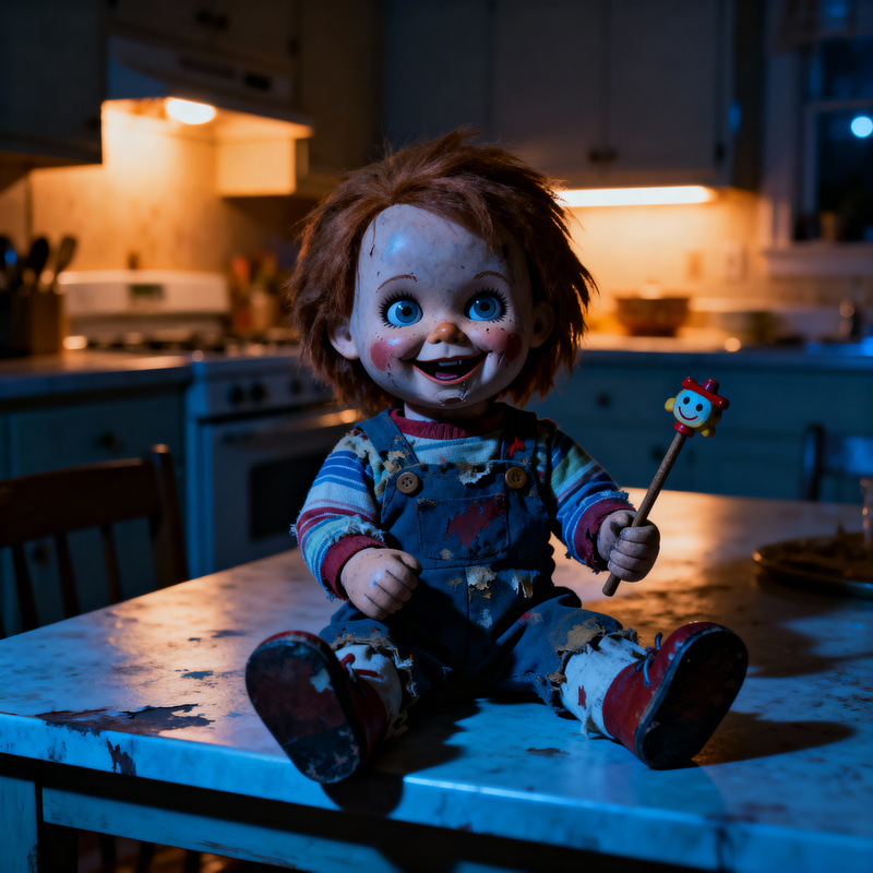 Creepy Doll on Kitchen Table: A Horror Scene Creepy Doll on Kitchen Table: A Horror Scene
