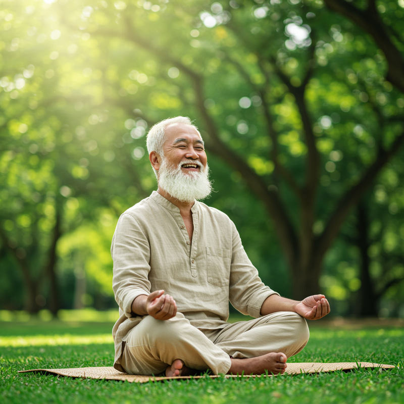 Happy Senior Man Meditating in the Park
