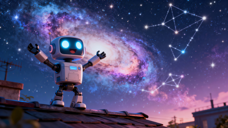 Cute Robot Under a Starry Night Sky Cute Robot Under a Starry Night Sky