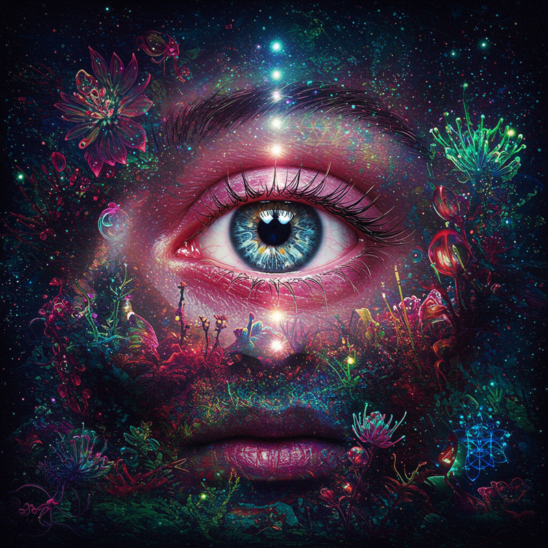 Psychedelic All-Seeing Eye in Cosmic Dreamscape