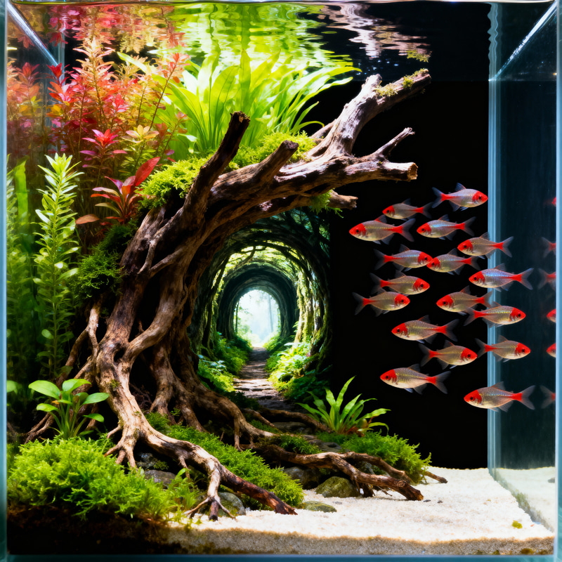 Vivid Aquarium with Tunnel Landscape and Fish