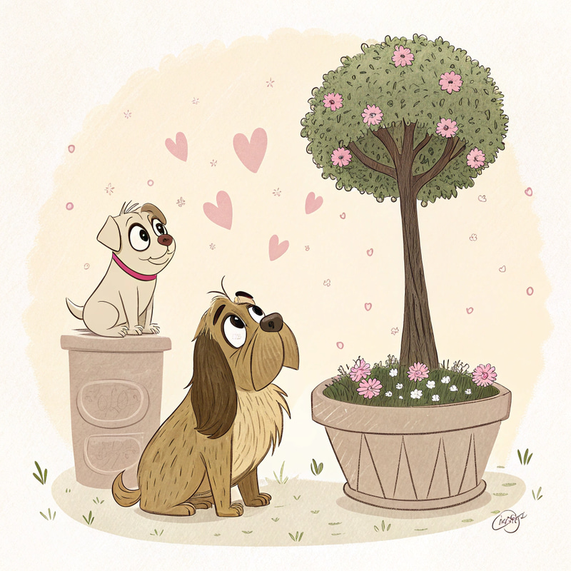 Charming Beige Cartoon: Dogs & Flowers