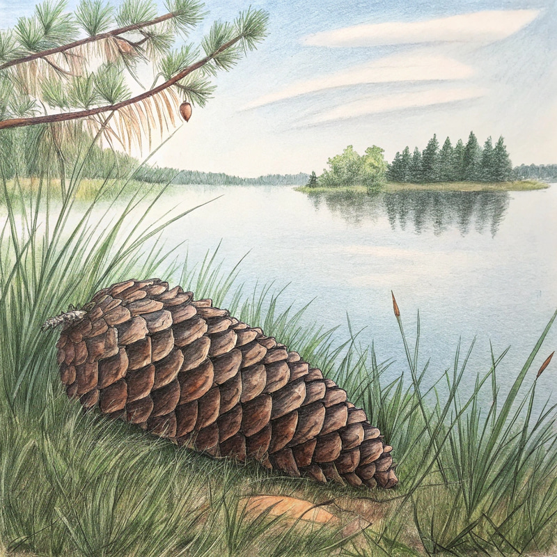 Pinecone Art: Colored Pencil Drawing by the Lake Pinecone Art: Colored Pencil Drawing by the Lake