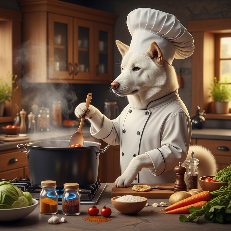 White Jindo Dog Cooking Dinner as Chef