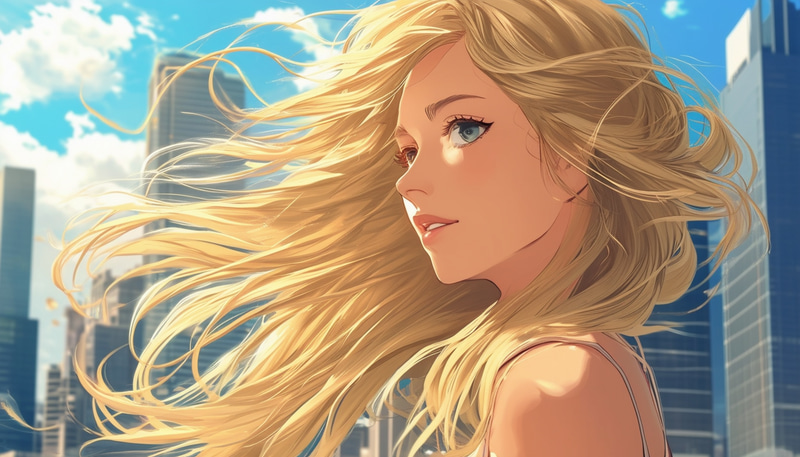 Blonde Anime Style Young Woman with Flowing Hair in Wind Blonde Anime Style Young Woman with Flowing Hair in Wind