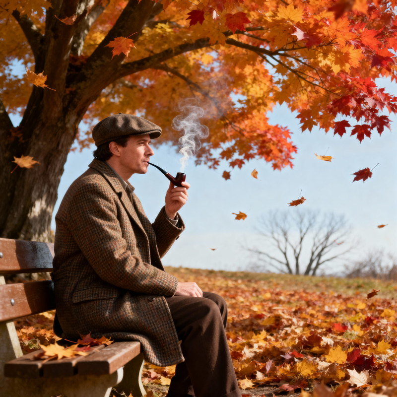 Pipe Smoking Man in Autumn Outdoors
