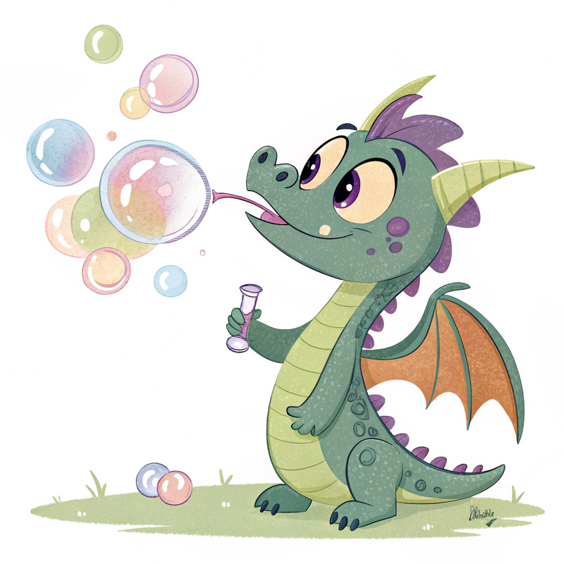 Charming Disney-Style Dragon Blowing Colorful Bubbles Charming Disney-Style Dragon Blowing Colorful Bubbles