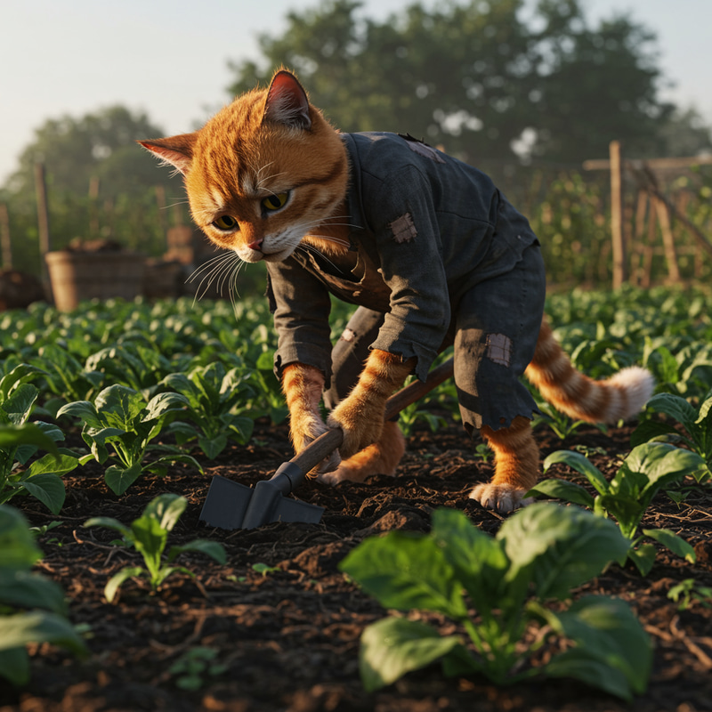 Tired Orange Cat Working Hard on Farm