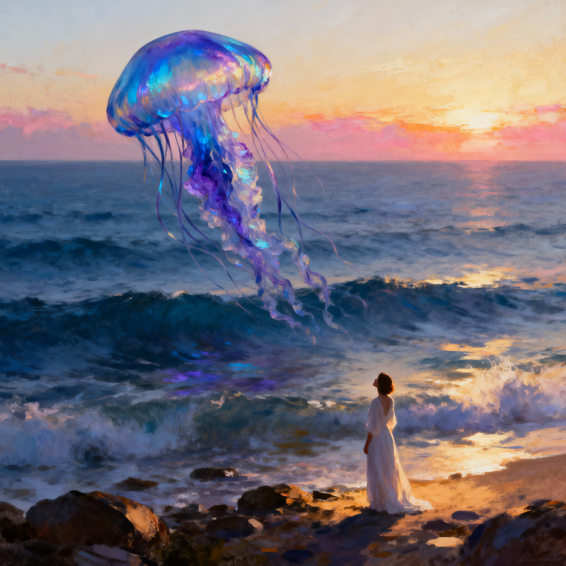 Surreal Dreamscape: Giant Jellyfish Over Tranquil Ocean Surreal Dreamscape: Giant Jellyfish Over Tranquil Ocean