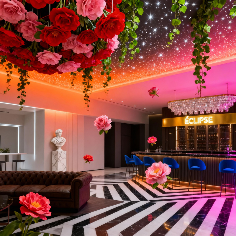 Elegant Bar Design with Pink Flowers and Starry Ceiling Elegant Bar Design with Pink Flowers and Starry Ceiling