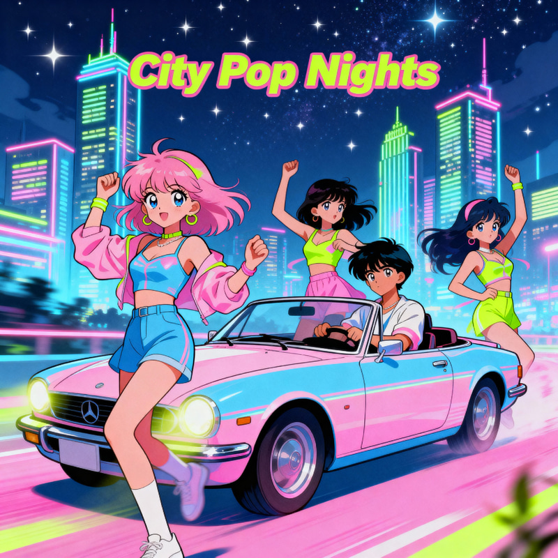 Retro Anime Characters in 80's City Pop Style