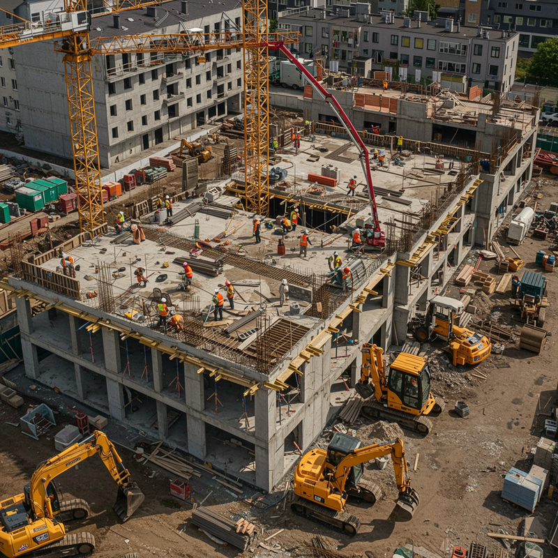 Apartment Building Construction with Machinery & Cranes Apartment Building Construction with Machinery & Cranes