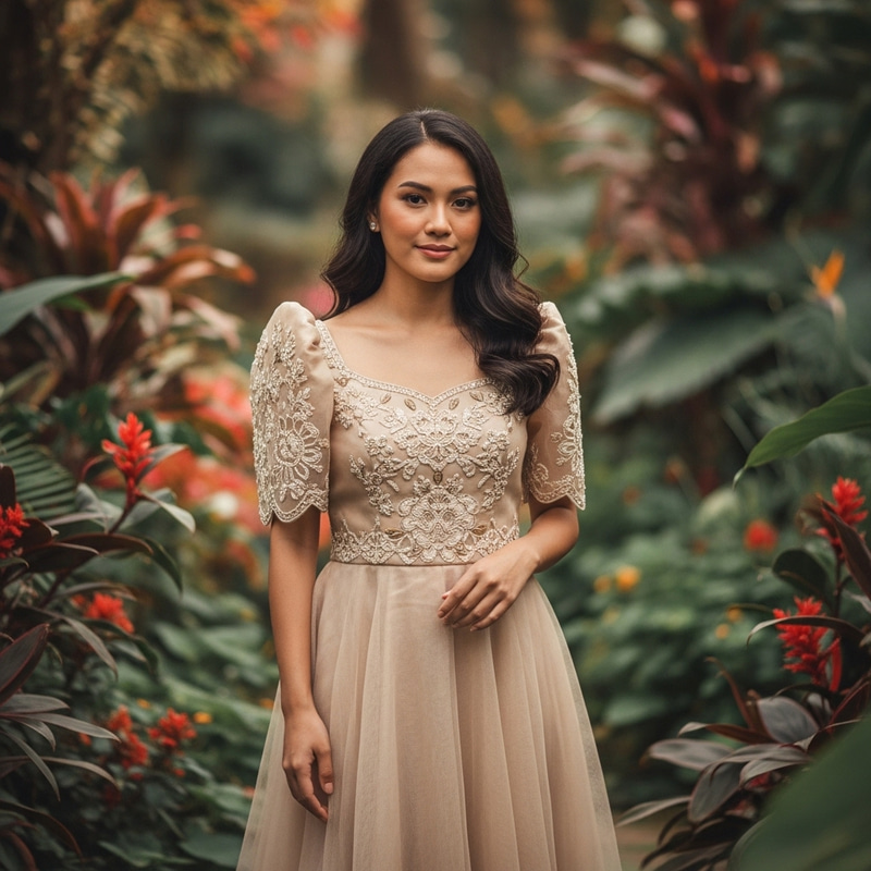 Elegant Beige Filipiniana Dress for Special Occasions