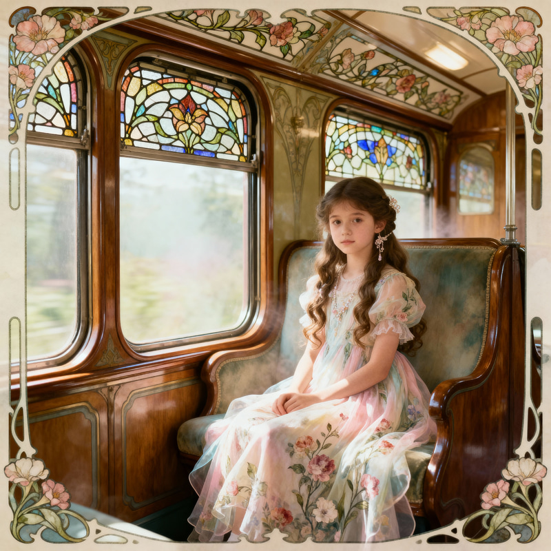 Art Nouveau Girl on Train Artwork