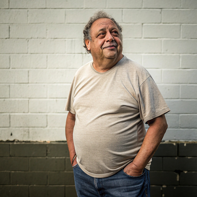Fat Man with Grey Hair and Crooked Teeth Fat Man with Grey Hair and Crooked Teeth