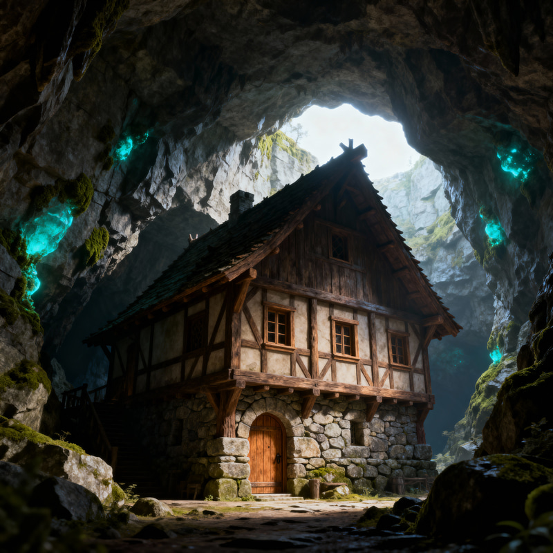 3D Medieval Spruce House in a Huge Cave 3D Medieval Spruce House in a Huge Cave