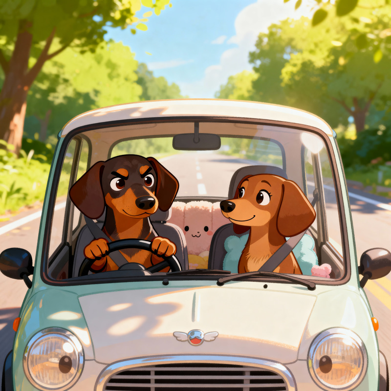 Dachshunds Driving a Car - Male & Female Duo Dachshunds Driving a Car - Male & Female Duo
