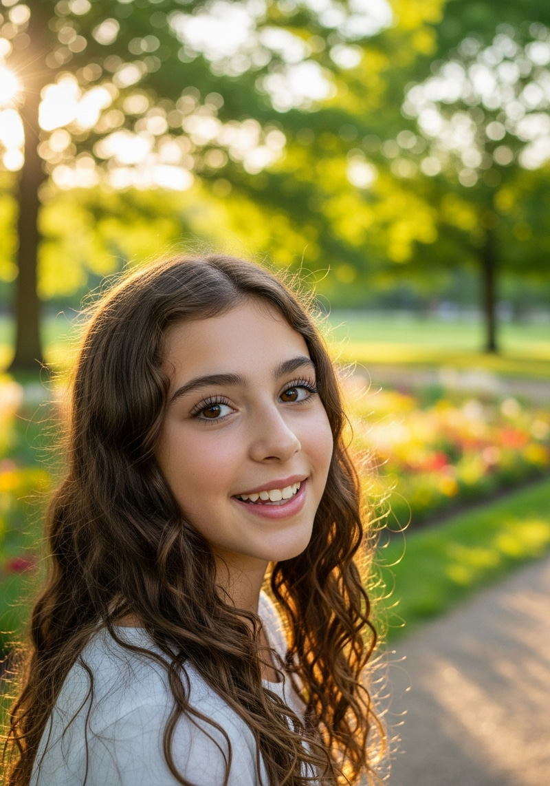 Beautiful Girl with Brown Hair Smiling in the Park Beautiful Girl with Brown Hair Smiling in the Park