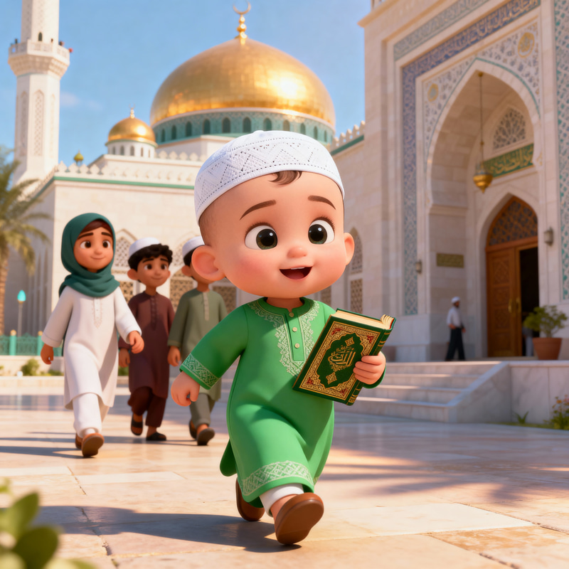 Cute Baby in Green Dress with Quran Heading to Mosque Cute Baby in Green Dress with Quran Heading to Mosque